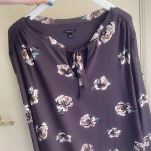 Deep Gray Floral Ann Taylor Blouse with a Bow